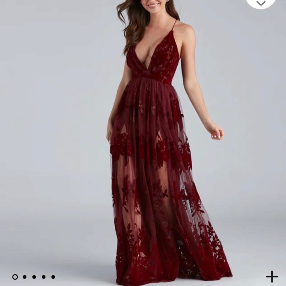 Red Embellished Tiered Maxi Gown with Plunge Neckline for Prom